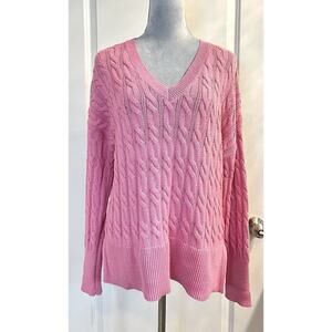 Jones & Co V Neck Pink Cable Knit Pullover Sweater Jumper Fisherman Size L